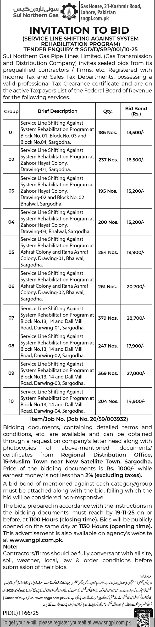 Sui Northern Gas Company Limited Lahore Tender Notice